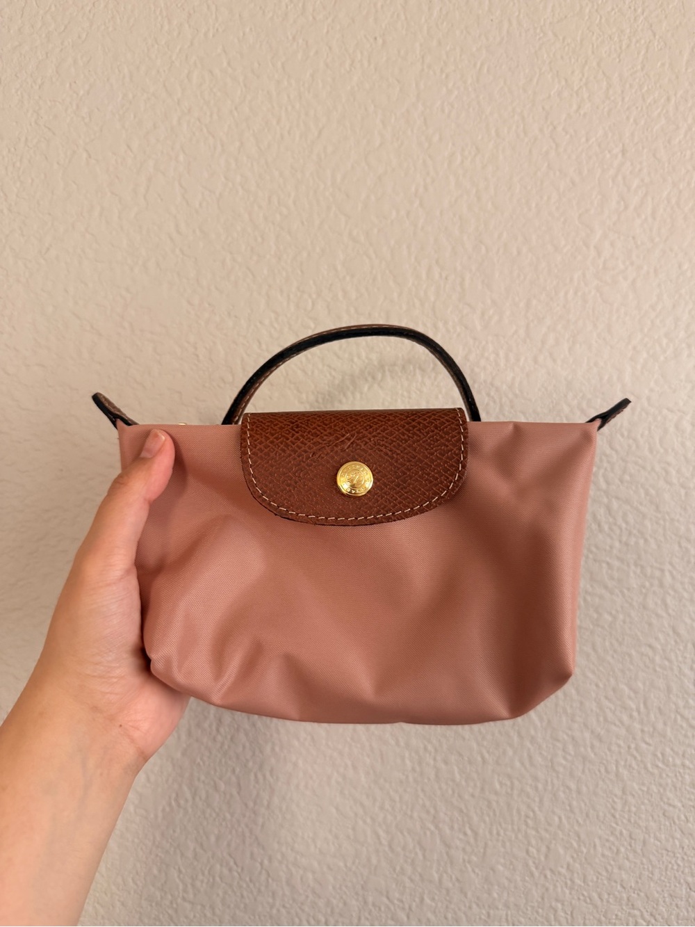 Longchamp mini top-handle pouch in mauve with brown trim NYLON